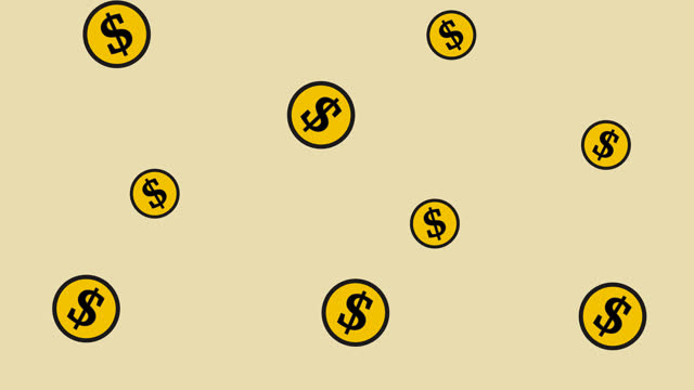 Yellow coins moving randomly on a colored and green background - animation