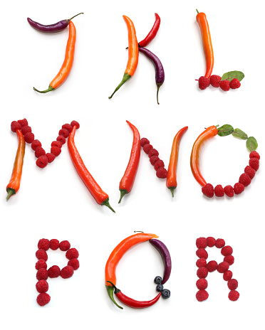 Letters  j k l m n o p q r made from orange red purple chili pepper, green salad lettuce leaves blueberry and red raspberry alphabetic capital letters made of chillies, vegetables and lettuce, for menu text, encyclopedia, cook book, cookery books, word vegan January, letters isolated of salad leaf for plant based burger, invitation lunch voucher card coupon