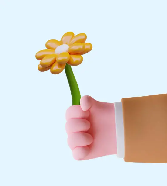 Vector illustration of Realistic vector man hand holding yellow flower. Greetings from secret admirer