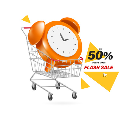 Flash sale promotion ,Alarm clock in steel shopping cart notifying limited time promotion flash sale, special offer 50% off, vector 3d isolated on white background for banner advertising design