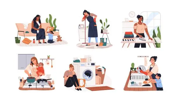 Vector illustration of Overworked housewife set. Tired single mother do housework, cleaning, cooks. Busy sad mom do house duties, chores. Exhausted woman works at home. Flat isolated vector illustration on white background