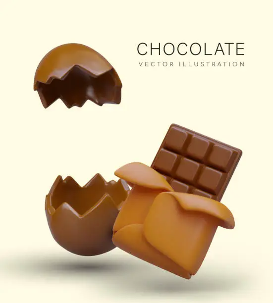 Vector illustration of Chocolate desserts for every taste. Unwrapped bar of chocolate, halves of sweet surprise