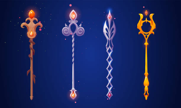 Set of magic wizard staffs isolated on background Set of magic wizard staffs isolated on background. Vector cartoon illustration of wooden, silver, golden sticks decorated with yellow gemstone crystals, shimmering particles sparkling, sorcerer tool neon trident stock illustrations