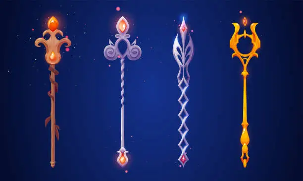 Vector illustration of Set of magic wizard staffs isolated on background