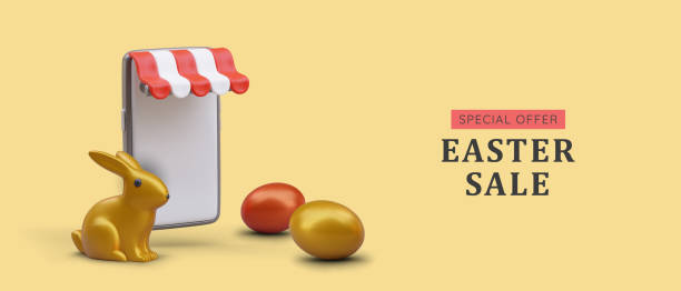 istock Special offer, Easter sale. Golden rabbit, painted eggs, smartphone with striped shop canopy 2058232499