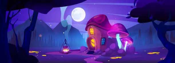 Vector illustration of Fairytale gnome house made of mushroom at night