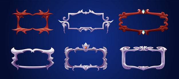 Medieval game rank frames set isolated on background. Vector cartoon illustration of vintage silver and wooden borders with shiny surface and gem stone decoration, royal title nameplate template
