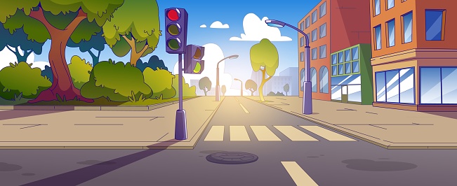 City street intersection with sidewalk, traffic lights and zebra cross. Cartoon summer town landscape with multistorey buildings, road with crosswalk and pedestrian. Empty downtown highway corner.