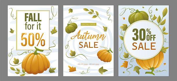 Autumn sale banner, poster or flyer set. Vector illustration of bright beautiful leaves and pumpkins on white or blue background. Template Set for advertising, web, social media and fashion ads