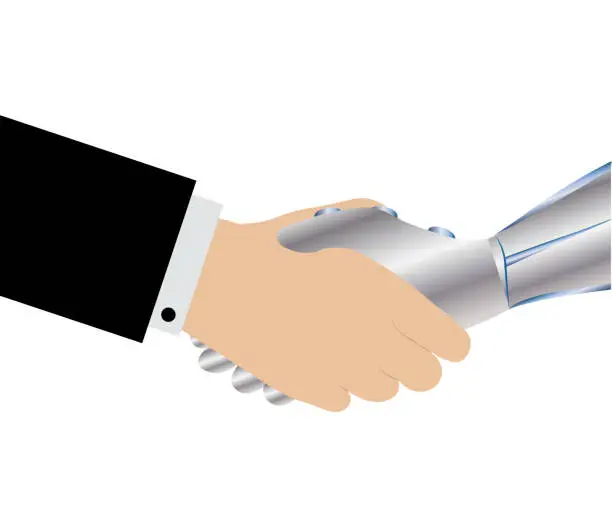 Vector illustration of Businessman and robot shaking hands. Artificial intelligence robot and handshake