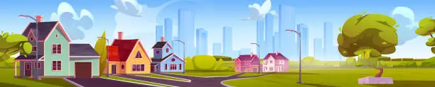 Vector illustration of Suburban town street against big city background