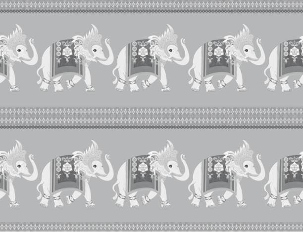 illustrations, cliparts, dessins animés et icônes de motif sans couture d’éléphant d’angkor dessiné à la main avec la robe apsorn sur des ornements noirs, couronne d’apsara dans la période d’angkor, concept pour la conception de pantalons d’éléphant, décoration de la maison, impression de m - ganesh himal