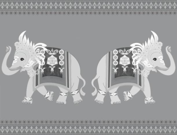 illustrations, cliparts, dessins animés et icônes de angkor elephant seamless pattern with apsorn dress in black ornaments,apsara crown in angkor period, concept elephant pants design, home decoration,fabric fashion print ,tile.textile industry. - ganesh himal