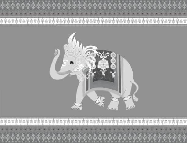 illustrations, cliparts, dessins animés et icônes de elephant seamless pattern hand drawn with apsorn dress on black ornaments,apsara crown in angkor period, concept for elephant pants design, home decoration,fabric fashion print ,tile,textile - ganesh himal