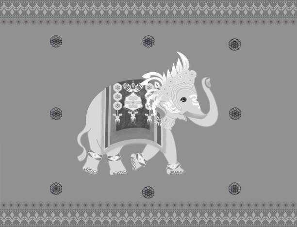 illustrazioni stock, clip art, cartoni animati e icone di tendenza di modello senza soluzione di continuità dell'elefante di angkor con il vestito apsorn in ornamenti neri, corona apsara nel periodo di angkor, design dei pantaloni dell'elefante di concetto, decorazione domestica, stampa di moda del tessuto, industria tessil - ganesh himal