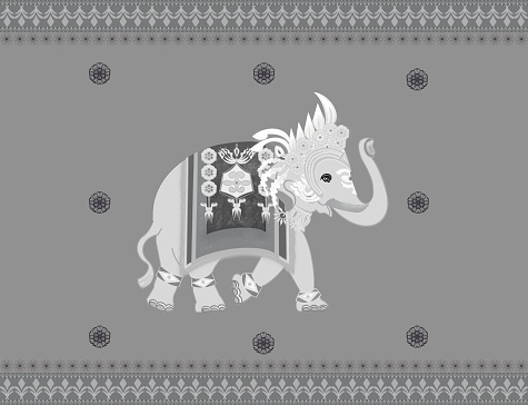 Angkor elephant seamless pattern with Apsorn dress in black ornaments,Apsara crown in Angkor period, concept elephant pants design, home decoration,fabric fashion print ,tile.textile industry.