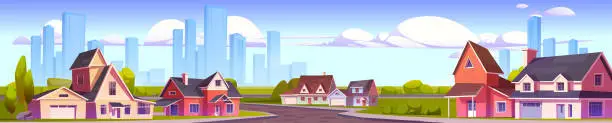 Vector illustration of Suburban town street against big city background