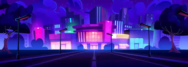 Vector illustration of Road to city with multistorey and neon lights