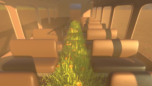 Empty abandoned train overgrown with weeds 3D 4K animation