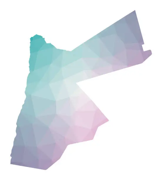 Vector illustration of Polygonal map of Jordan. Geometric illustration of the country in emerald amethyst colors. Jordan map in low poly style. Technology, internet, network concept. Vector illustration.