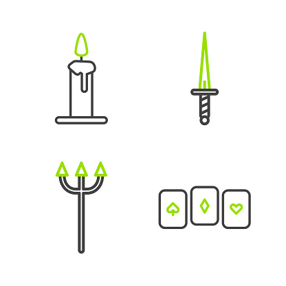 Set line Playing cards Neptune Trident Dagger and Burning candle candlestick icon. Vector.