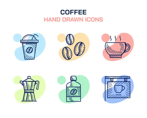 Vector illustration of Coffee, Iced Coffee, Coffee Beans, Coffee Cup, Moka Pot, Cold Brew Coffee Icons