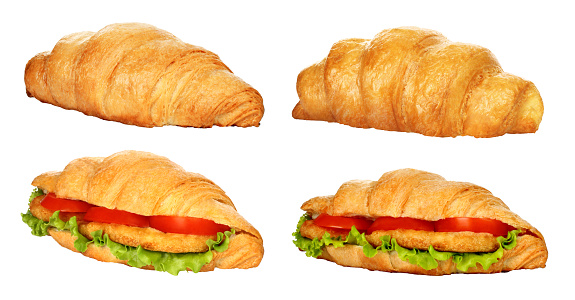 Set of Big Fresh Croissants and Croissants with vegetables and chicken meat, isolated on a transparent background