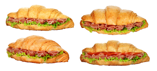Set of Big Croissants with green salad and raw meat, isolated on a transparent background