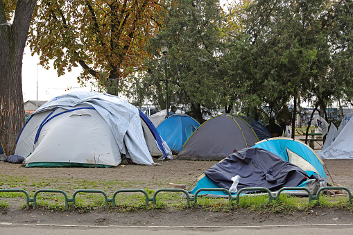 Belgrade, Serbia - October 14, 2015: Tents With Syrian Refugees and Migrants at Park in Capital City.