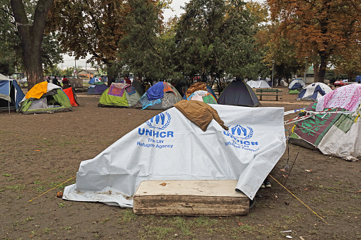 Belgrade, Serbia - September 30, 2015: UNHCR Tents With Refugees and Migrants Camping at Park in Capital City.