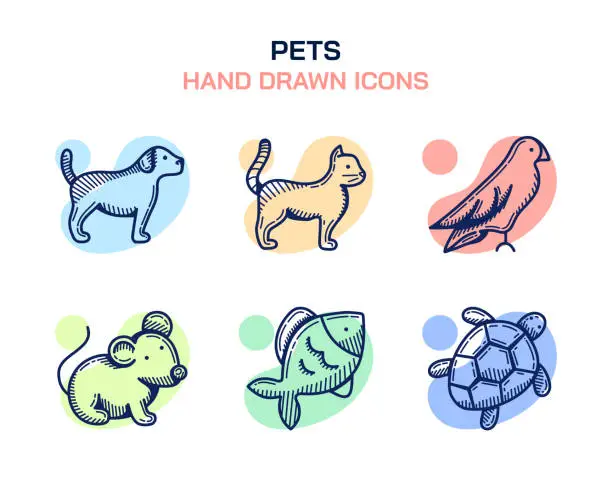 Vector illustration of Pets, Dog, Cat, Bird, Hamster, Fish, Turtle Icons