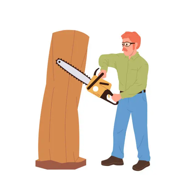 Vector illustration of Man sculptor cartoon character working with saw carving sculpture or statue from tree trunk