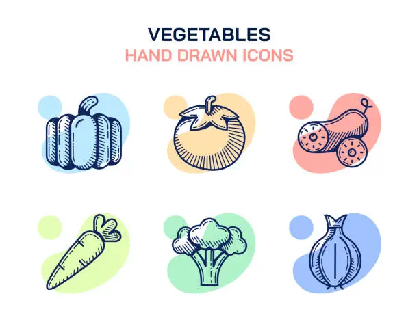 Vector illustration of Vegetable, Pumpkin, Tomato, Cucumber, Carrot, Broccoli, Onion Icons