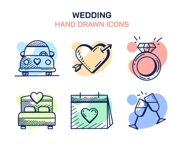 ilustrações, clipart, desenhos animados e ícones de casamento, carro de noiva, forma do coração, aliança de casamento, lua de mel, celebração, ícones de eventos - honeymoon wedding married engagement