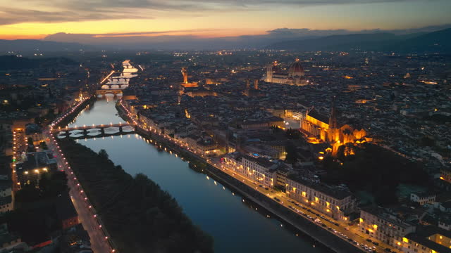 4K Aerial view Real time Footage of Florence Cathedral or Duomo Santa Maria Del Fiore, Basilica of Santa Croce in Florence and Florence city which is panoramic view, Florence, Italy
