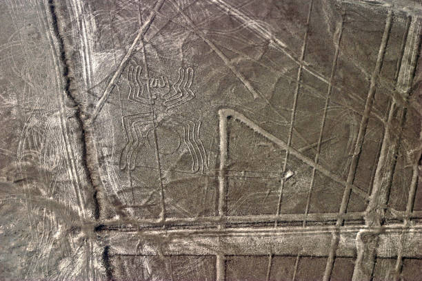 Aerial Shot of the Nazca Lines in Nazca, Peru. The lines were created by the Nazca People around 400AD and can only been seen from the air.