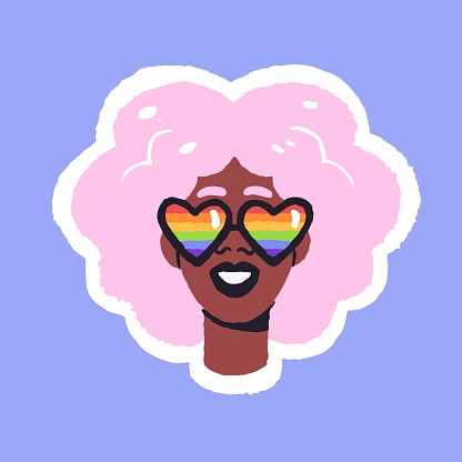Lesbian in heart shaped sunglasses. Happy girl in glasses with LGBT pride flag, rainbow. Queer woman with pink afro hair smiles. Homosexual, LGBTQ sticker. Flat hand drawn isolated vector illustration.