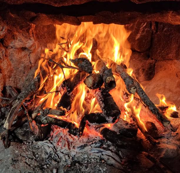 istock Bonfire with wooden logs and ashes in a fireplace with live fire 2058313371