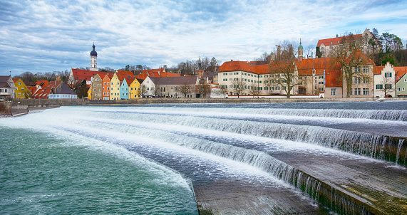Waterfall on River Lech in old town of Landsberg, southwest Bavaria, Germany