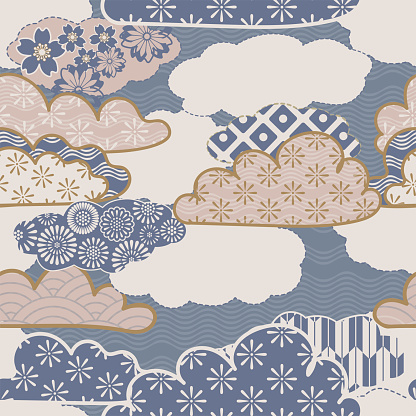 Japanese cloud pattern collage. Textile patchwork design with floral and geometric elements. Traditional light blue seamless background.