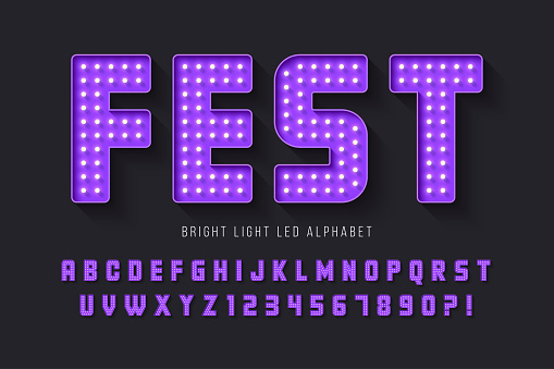 Retro cinema alphabet design, cabaret, LED lamps letters and numbers. Original design