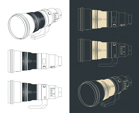 Stylized vector illustration of blueprints of super-telephoto lens