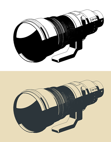 Stylized vector illustration of super-telephoto lens