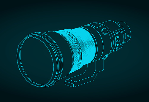 Stylized vector illustration of isometric blueprint of super-telephoto lens