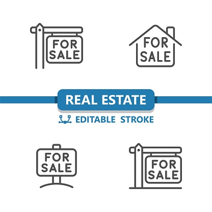 Real Estate Sign Icons. For Sale, House Icon. Professional, 32x32 pixel perfect vector icon. Editable Stroke