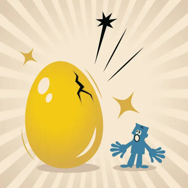 Vector illustration of A blue businessman found a big golden egg about to hatch, Discovery, Opportunity, Transformation, and Growth