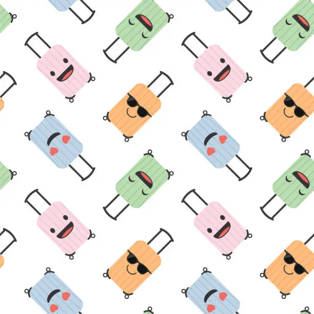 Vector illustration of Colorful travel seamless pattern. Cute travel bags with kawaii faces. Travel illustration.