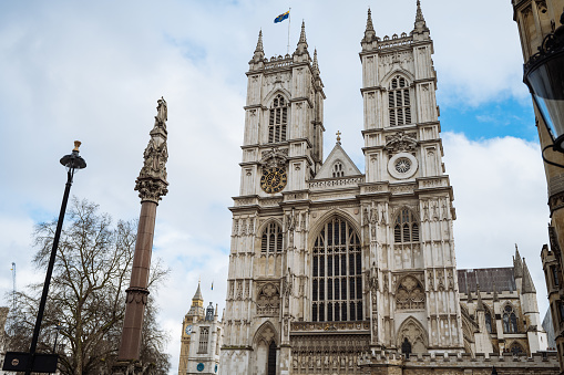 London, United Kingdom - January 13, 2018: Northern facade of the Westminster Abbey, gothic church and site for British royal coronations and weddings