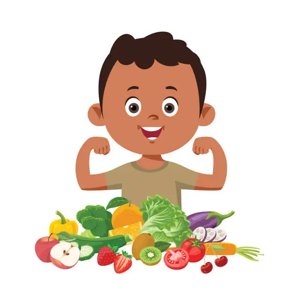 Vector illustration of Cute boy eating fresh vegetables and fruits.