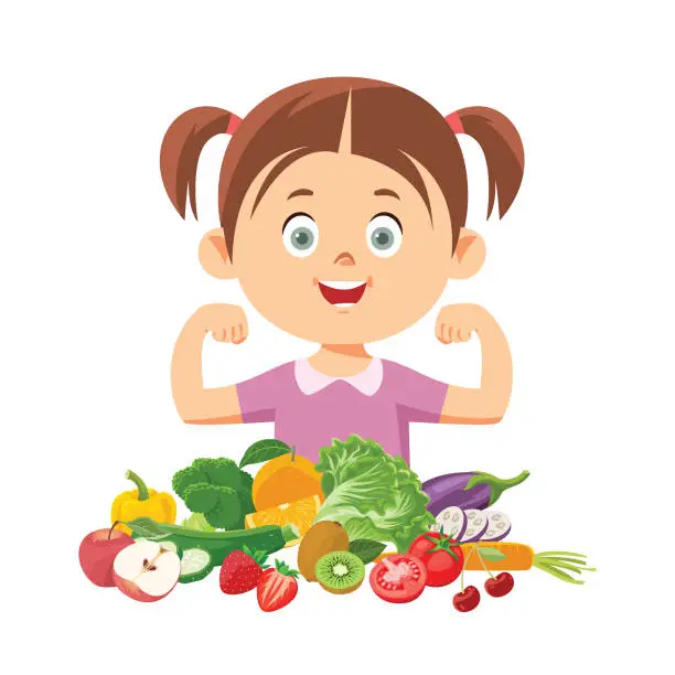 Vector illustration of Cute girl eating fresh vegetables and fruits.